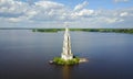 Aerial view on flooded bell tower in Kalyazin