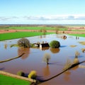 Aerial view of flooded house.