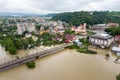 Aerial view of flooded houses with dirty water of Dnister river in Halych town, western Ukraine