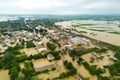 Aerial view of flooded houses with dirty water of Dnister river in Halych town, western Ukraine