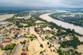 Aerial view of flooded houses with dirty water of Dnister river in Halych town, western Ukraine