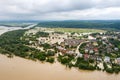 Aerial view of flooded houses with dirty water of Dnister river in Halych town, western Ukraine