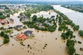 Aerial view of flooded houses with dirty water of Dnister river in Halych town, western Ukraine