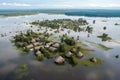 Aerial view of the flooded village in autumn. Flooded house. Generative AI