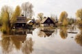 Aerial view of the flooded village in autumn. Flooded house. Generative AI