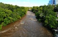 The aerial view of the flooded water after the storm in Brandywine River, Wilmington, Delaware, U.S
