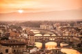 Aerial view of Florence at sunset with the Ponte Vecchio and the Arno river, Tuscany Italy Royalty Free Stock Photo