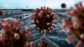 Aerial view of flu coronavirus floating on air at airport. Pandemic Covid 19