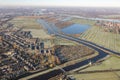 Aerial view Dutch river Lek with view at village Papendrecht