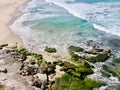 Aerial view from flying drone of the beach with rock scape Royalty Free Stock Photo
