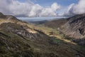 Aerial view of flying drone Epic landscape image in Autumn looking down Nant Fracon valley from Llyn Idwal with moody sky and Royalty Free Stock Photo