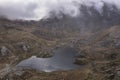 Aerial view of flying drone Epic landscape image of Llyn Bochlwyd in the mountains in Snowdonia National Park with dramatic sky Royalty Free Stock Photo