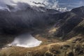 Aerial view of flying drone Epic dramatic Autumn landscape image of Llyn Idwal in Devil`s Kitchen in Snowdonia National Park with