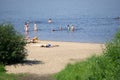 Aerial View From Flying Drone Of People Crowd Relaxing On Beach In Portugal Royalty Free Stock Photo