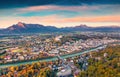 Aerial view from flying drone of Salzburg town.