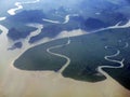 Aerial view flying over green large mangrove forests near the Andaman Sea Thailand, seascape, greenery,