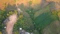 Aerial view, flying over the mountains and farm with beautiful clouds and sky in sunrise