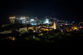 Aerial View. Flying over the seacoast. Vladivostok city, Russky island. Aerial camera shot. Landscape panorama. Sunny day, Eastern