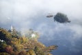 Aerial view of fog in autumn over islands and hills north of Portland Maine Royalty Free Stock Photo