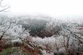 Aerial view of the fog and frost covered valley surrounding Bernkastel-kues Royalty Free Stock Photo