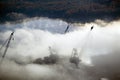 Aerial view of fog over Bath Iron Works and Kennebec River in Maine. Bath Iron Works is a leader in surface combatant design and