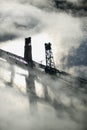 Aerial view of fog over Bath Iron Works and Kennebec River in Maine. Bath Iron Works is a leader in surface combatant design and