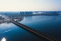 Aerial view of fog over Voronezh river and North Bridge with car traffic, drone shote from above, morning haze and cityscape Royalty Free Stock Photo