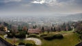 Aerial view on foggy Bergamo town, Lombardy, Italy Royalty Free Stock Photo