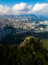 Aerial view of foggy Hong Kong island downtown