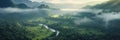 Aerial view of Foggy landscape in the jungle. Fog and cloud mountain tropic valley landscape. Generative Ai Royalty Free Stock Photo