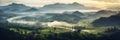 Aerial view of Foggy landscape in the jungle. Fog and cloud mountain tropic valley landscape. Generative Ai Royalty Free Stock Photo