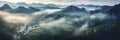 Aerial view of Foggy landscape in the jungle. Fog and cloud mountain tropic valley landscape. Generative Ai Royalty Free Stock Photo