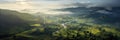 Aerial view of Foggy landscape in the jungle. Fog and cloud mountain tropic valley landscape. Generative Ai Royalty Free Stock Photo