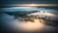 an aerial view of a foggy landscape with a small town in the middle of the picture and the sun shini