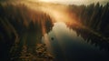 Aerial view of foggy mountain lake in the morning. Top view Royalty Free Stock Photo