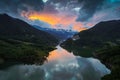 Aerial view of a foggy sunset over Siriu lake