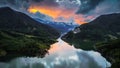 Aerial view of a foggy sunset over Siriu lake