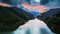 Aerial view of a foggy sunset over Siriu lake