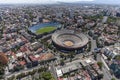 Aerial view of football stadium and bullfight arena in mexico ci