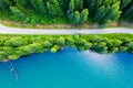 Aerial view of a forest lake. Aerial view of blue lake and green forests on a sunny summer day. Drone photography. Forest and lake Royalty Free Stock Photo