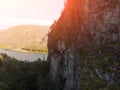 Aerial view of the forest mountains with rocks landscape at sunrise. Fantastic nature. Travel and discover concept. Wallpaper