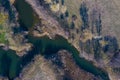 Aerial view of forest river running through swampland