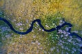 Aerial view of curvy forest river