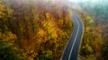 Aerial view of forest road in beautiful autumn. Mountain roads details with colourful landscape and yellow trees