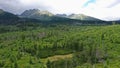 Aerial view of forest under high Tatras mountains recovering after disastrous windstorm Royalty Free Stock Photo