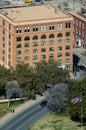 Aerial view of the former Texas School Book Depository Building in Dealey Plaza, Dallas.