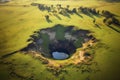 aerial view of a forming sinkhole in a grassy field