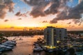 Aerial view of Fort Lauderdale waterway canals, residential homes and skyline at sunset Royalty Free Stock Photo