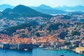 aerial view of the fortress and old city on the seashore and mountains, panorama of the resorts of Dubrovnik in Croatia, Adriatic