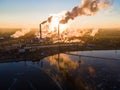 Aerial view Forward Cityscape sunrise Factory chimney smoke building steam thermal power plant